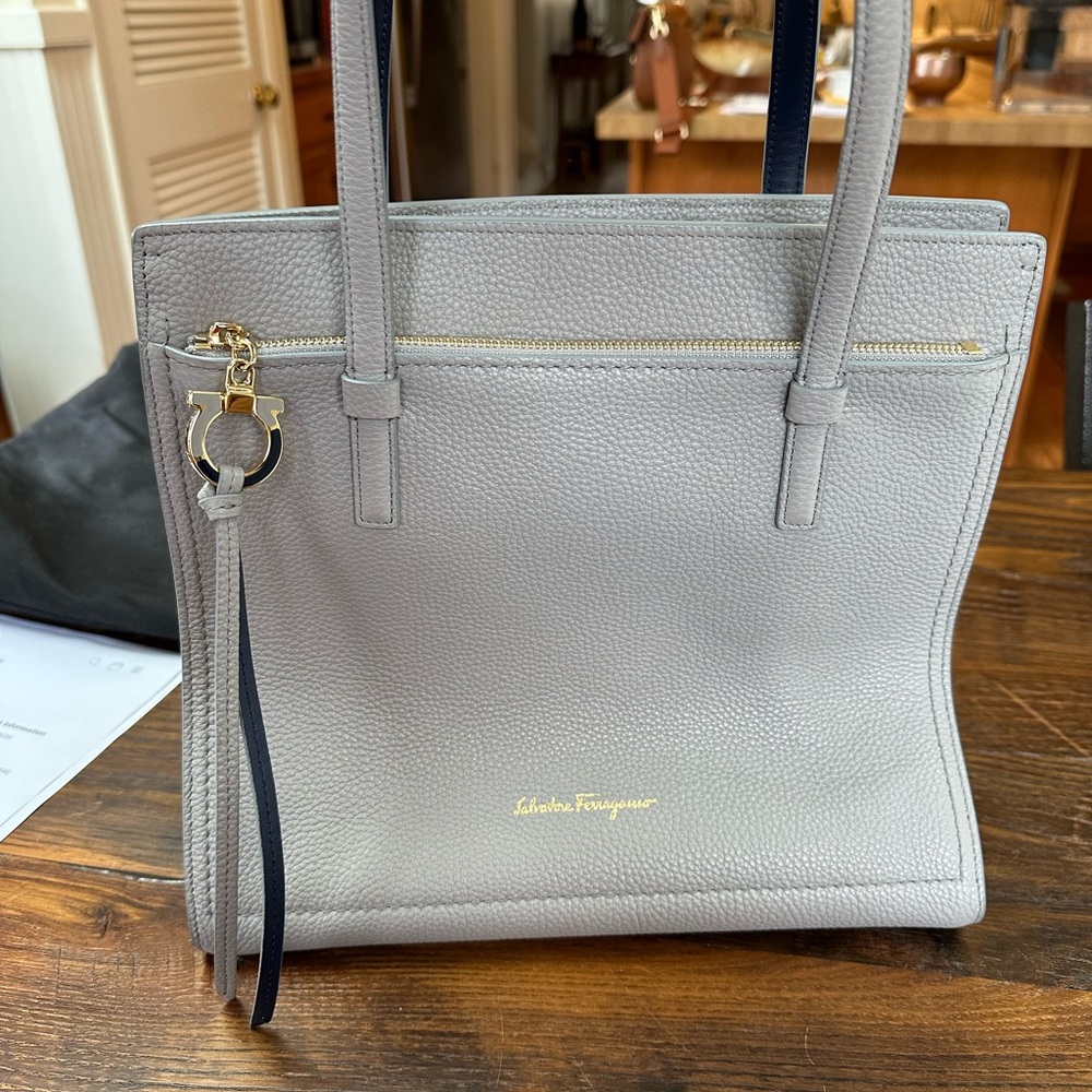 Ferragamo Pale Grey/Navy never used Medium Amy Tote bag